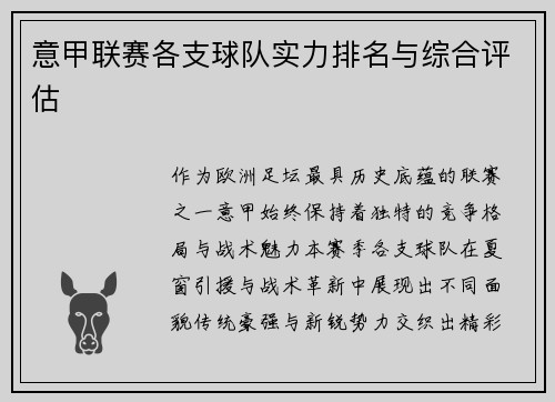 意甲联赛各支球队实力排名与综合评估